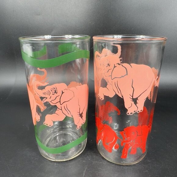 Vintage Glass Tumbler Barware Glasses Set Dancing Elephants Different Patterns - Picture 10 of 11